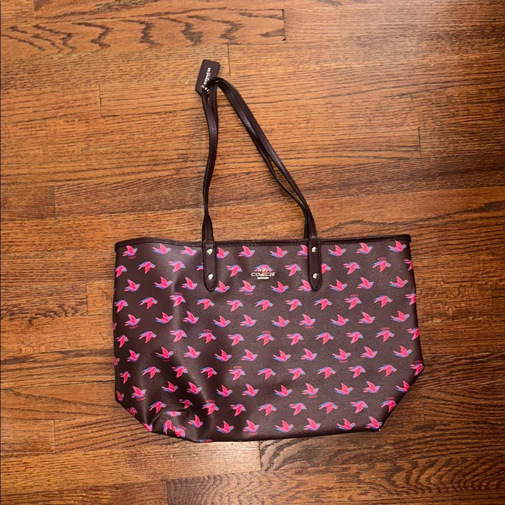 Reversible Coach Tote Bag with Pink Bird Pattern